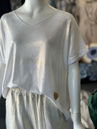 White/Gold Metallic Knit Tee I Angela Mara