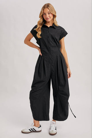 Button Down Utility Jumpsuit - Black & Olive