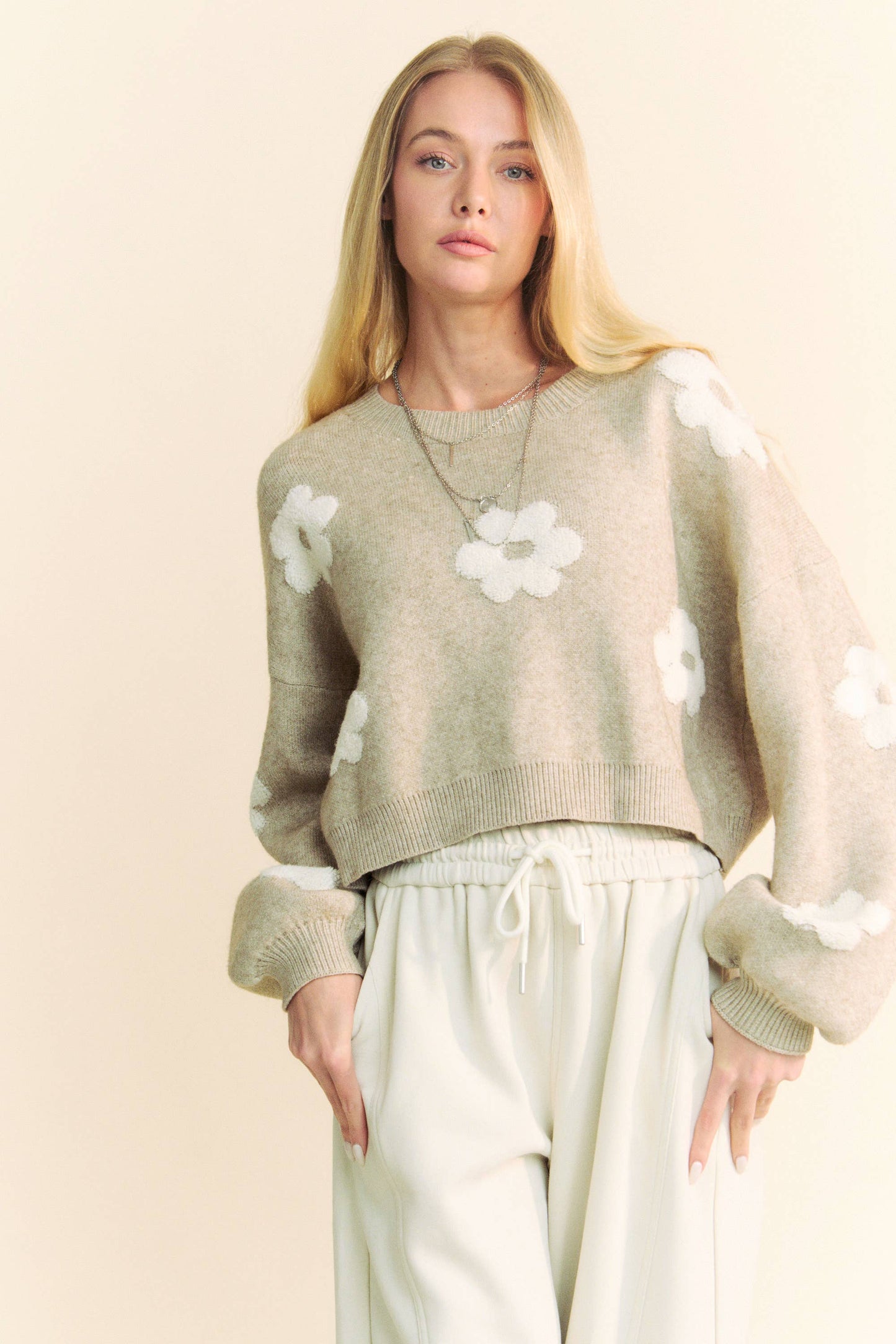 Davi & Dani Floral Printed Long Sleeve Loose Fit Knit Sweater: Taupe