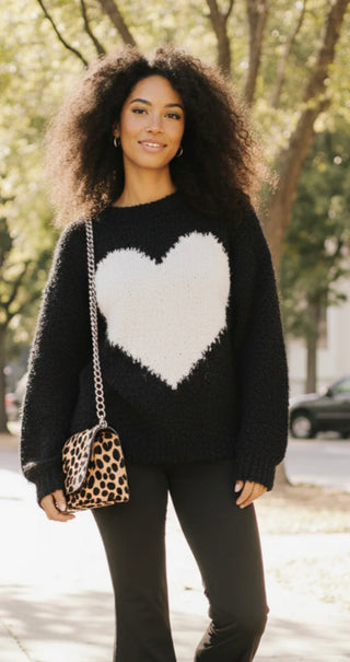 Black Scoop Neck Big Heart Chenille sweater I Angela Mara