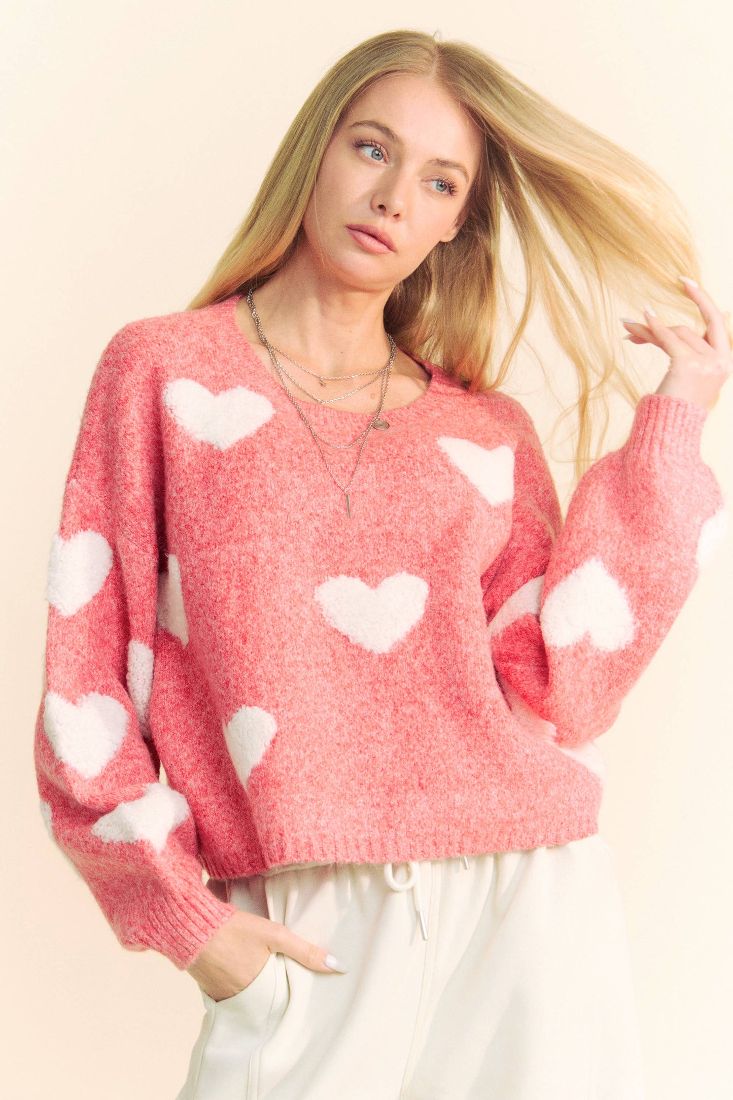 Davi & Dani Heart Pattern Long Sleeve Loose Fit Knit Sweater