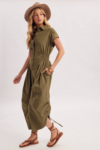 Button Down Utility Jumpsuit - Black & Olive