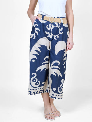 Midnight Tropical Print Wide Leg Pants with Belt