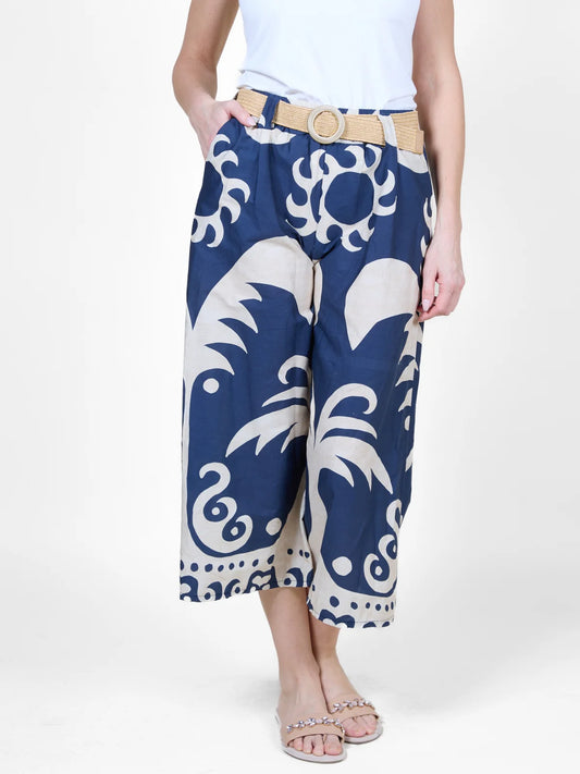 Midnight Tropical Print Wide Leg Pants with Belt