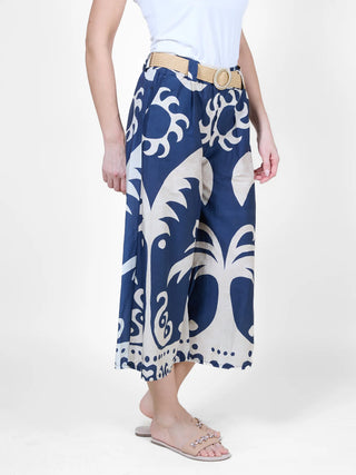 Midnight Tropical Print Wide Leg Pants with Belt
