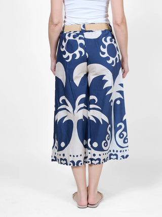 Midnight Tropical Print Wide Leg Pants with Belt