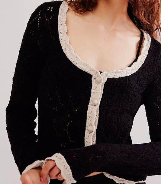 Free People Adelene Cardigan - Black/Cream Combo