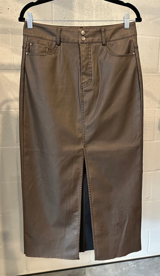 RD Style Distressed Faux Leather Skirt - Brown