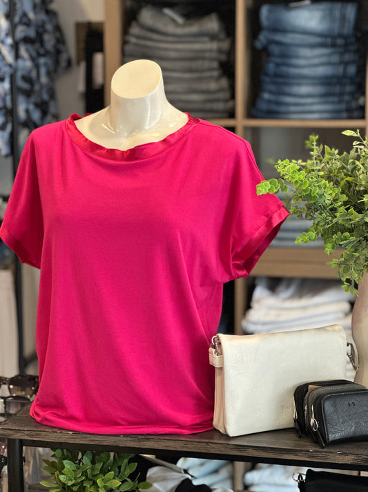 Strawberry Pink Satin Trim Tee I Angela Mara