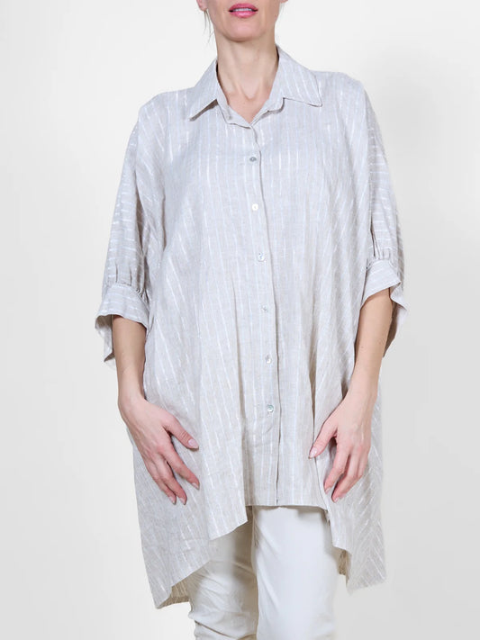Oatmeal Melange Oversized Button-Up Blouse with Metallic Stripes I Angela Mara