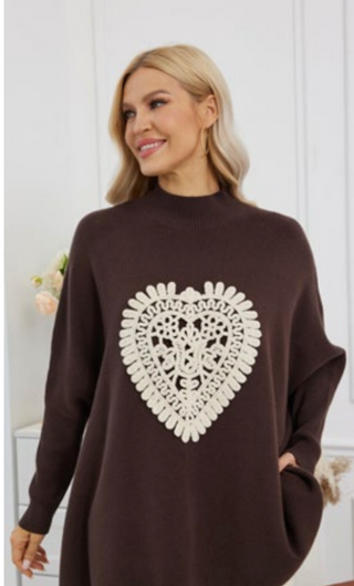 Brown Oversized Cream Heart Crochet Sweater | Orange Fashion Village