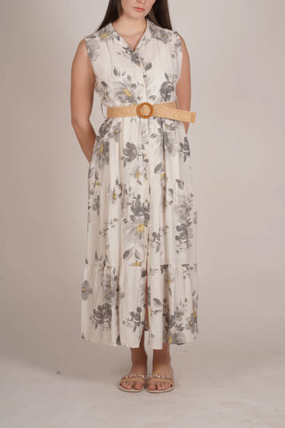 Stone Floral Sleeveless Button-Up Dress with Belt I Angela Mara