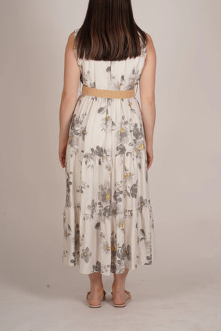 Stone Floral Sleeveless Button-Up Dress with Belt I Angela Mara