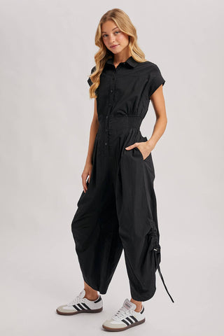 Button Down Utility Jumpsuit - Black & Olive