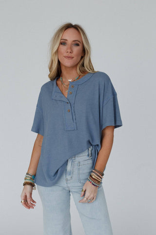 Three Bird Nest Soft Plume Henley Top - Blue Slate