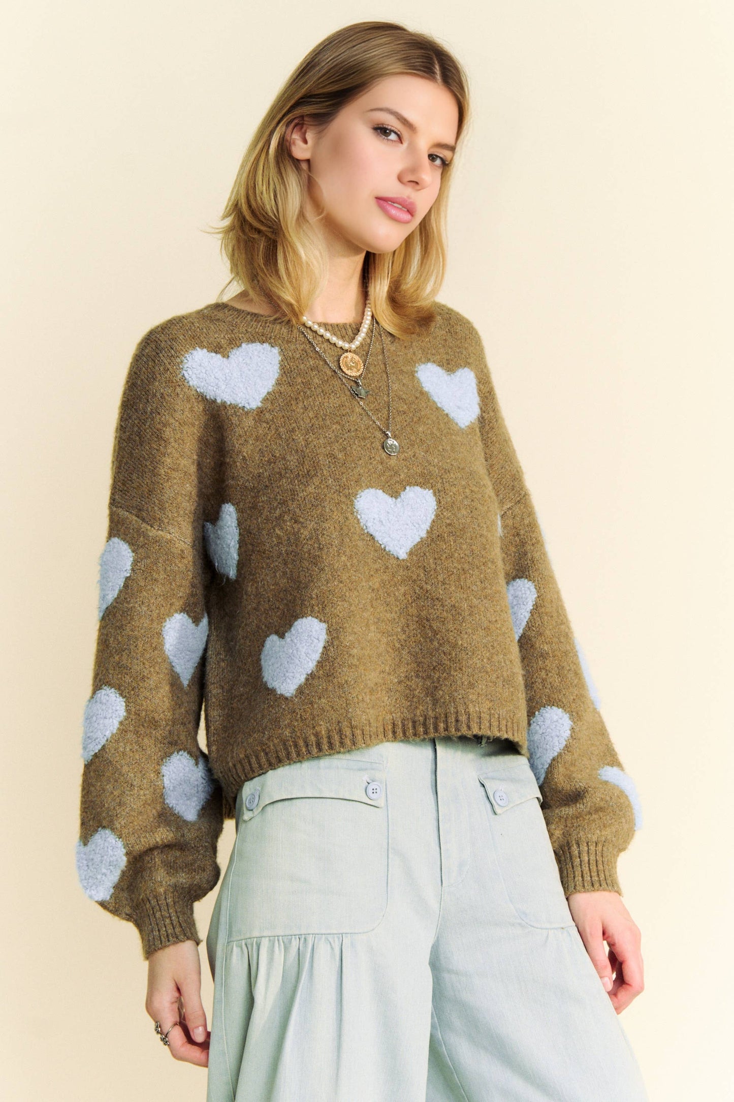 Davi & Dani Heart Pattern Long Sleeve Loose Fit Knit Sweater