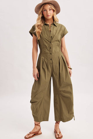 Button Down Utility Jumpsuit - Black & Olive