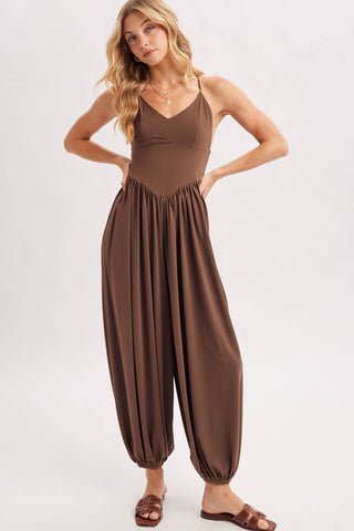 V-Neck Open Back Relaxed Fit Jumpsuit - Black & Mocha