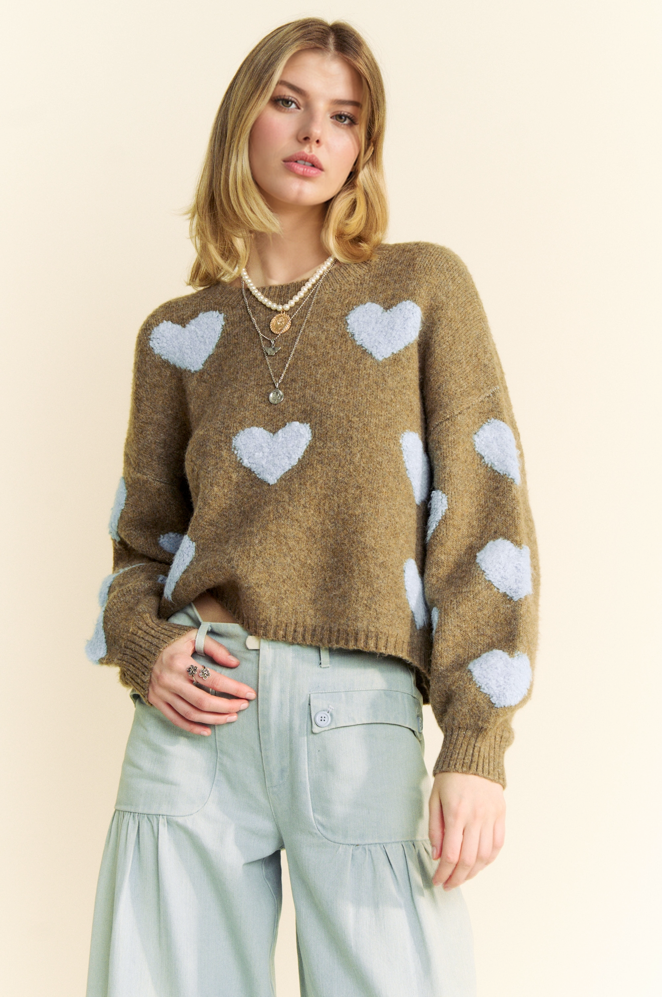 Davi & Dani Heart Pattern Long Sleeve Loose Fit Knit Sweater