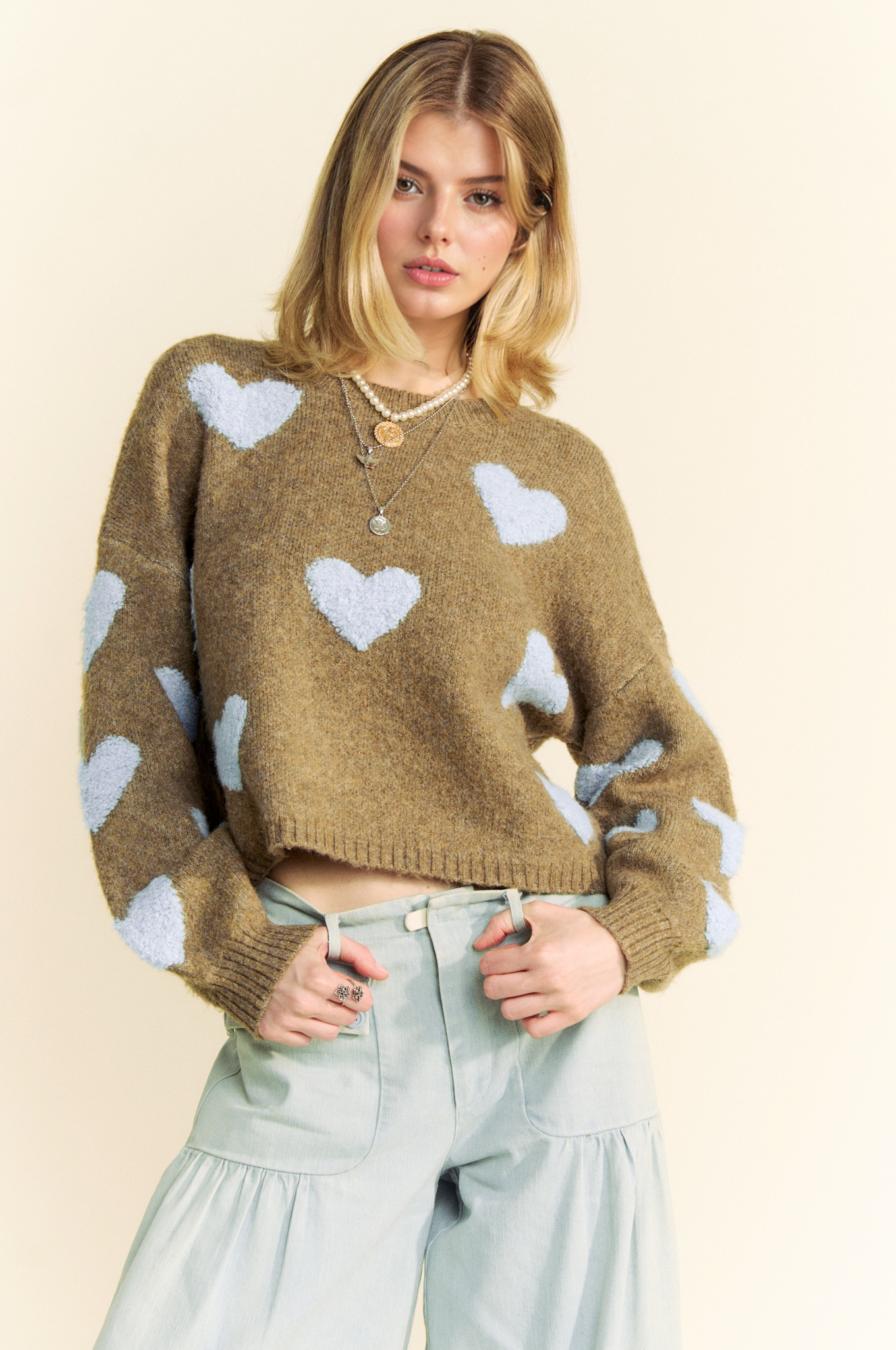 Davi & Dani Heart Pattern Long Sleeve Loose Fit Knit Sweater