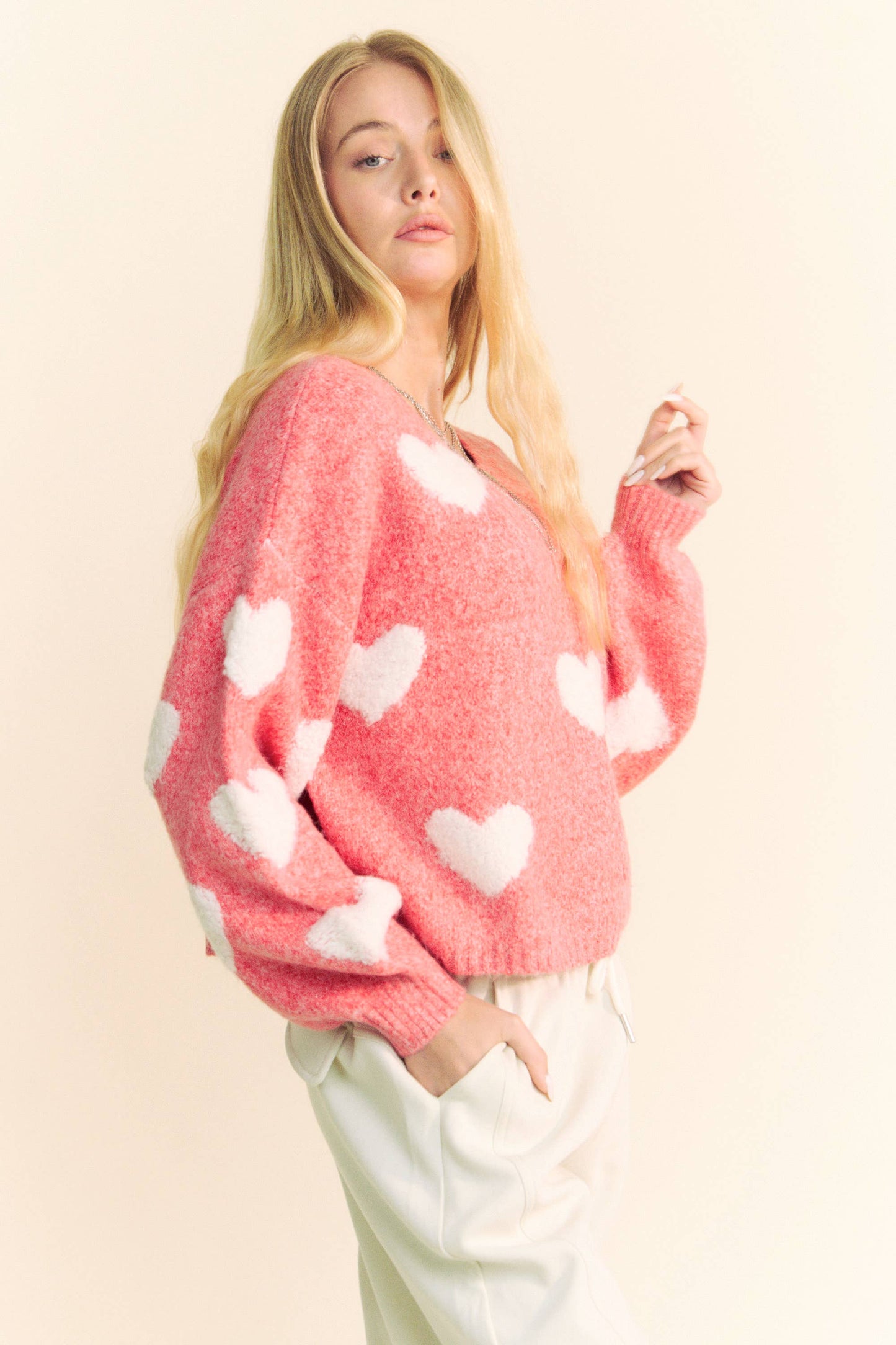 Davi & Dani Heart Pattern Long Sleeve Loose Fit Knit Sweater