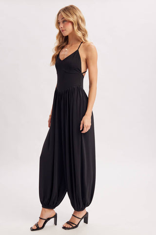 V-Neck Open Back Relaxed Fit Jumpsuit - Black & Mocha