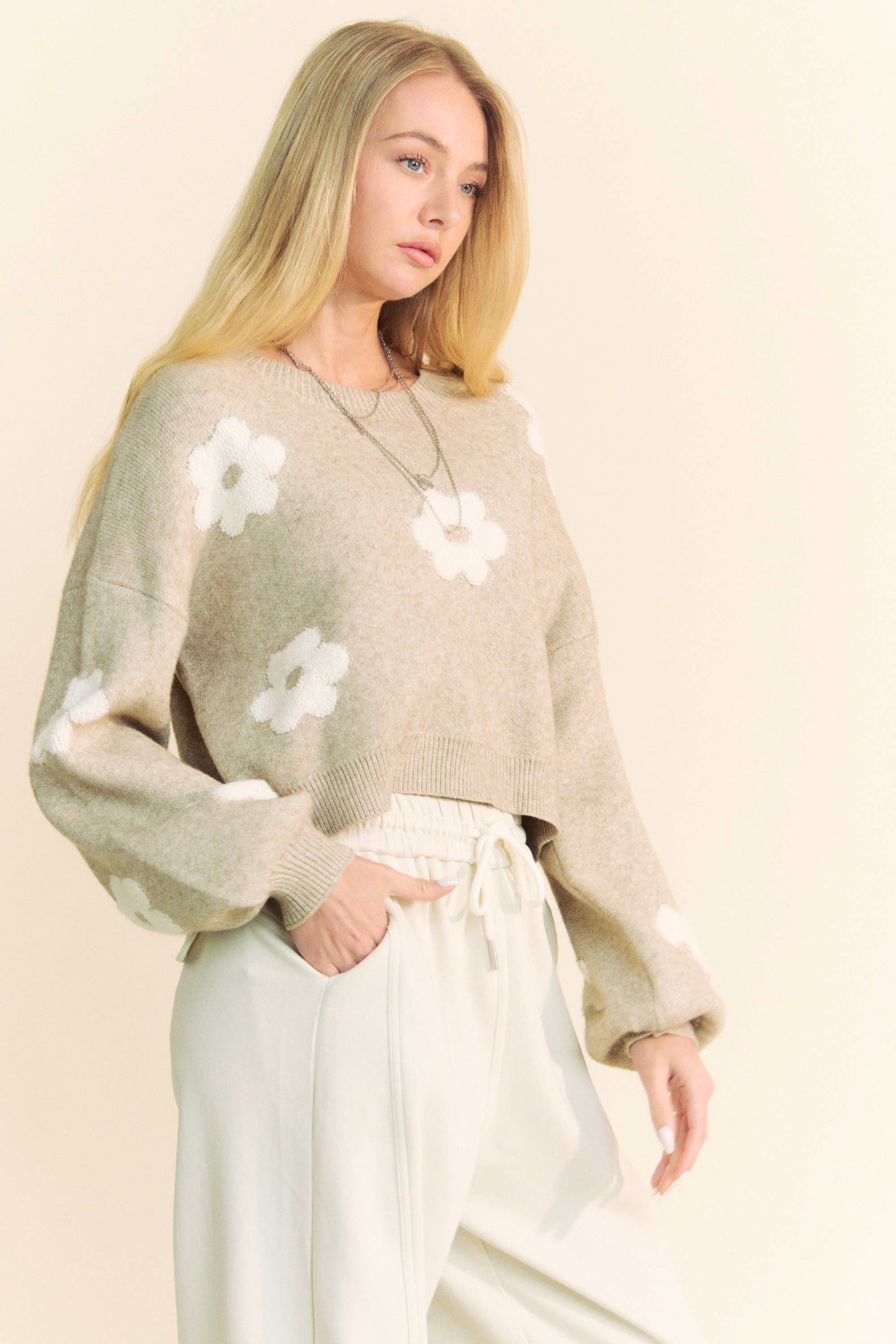 Davi & Dani Floral Printed Long Sleeve Loose Fit Knit Sweater: Taupe