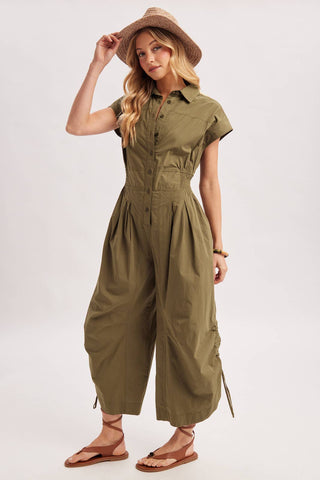 Button Down Utility Jumpsuit - Black & Olive