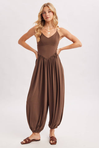 V-Neck Open Back Relaxed Fit Jumpsuit - Black & Mocha