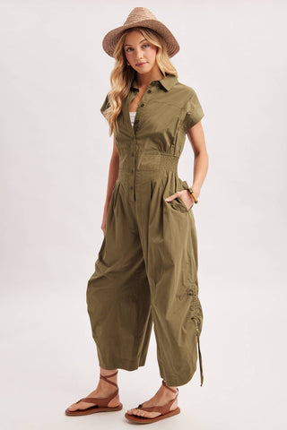 Button Down Utility Jumpsuit - Black & Olive