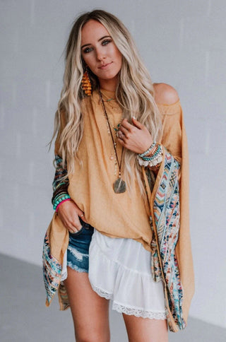 Three Bird Nest Fallon Embroidered Sleeve Poncho - Beige