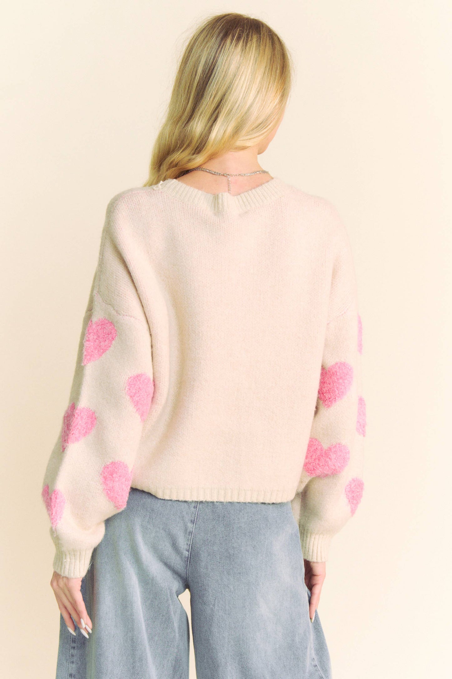 Davi & Dani Heart Pattern Long Sleeve Loose Fit Knit Sweater