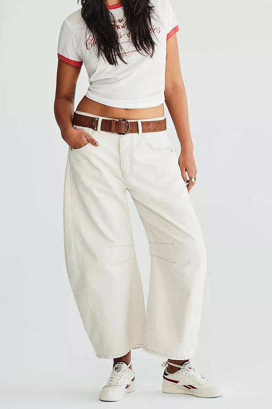 Free People/We The Free Good Luck Mid-Rise Barrel Jeans - Milk